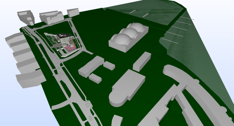 Ülevaatlik maa-ala mudel koos ümberkaudsete hoonete kastelementidega