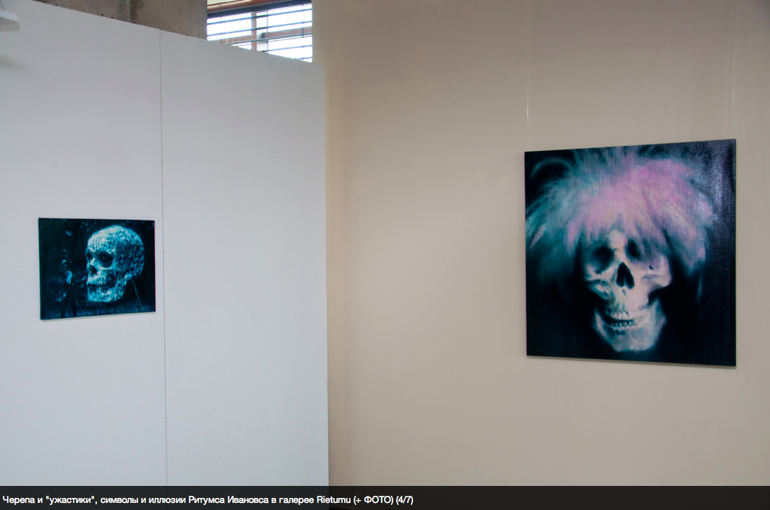 Exhibition view at Rietumu Bank. Warhol, 100x94, oil on canvas, 2012 and Boy with the sculpture, 40x50, oil on canvas, 2012