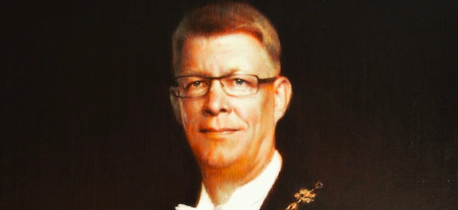 „Latvijas prezidenta Valda Zatlera portrets”, autors Ritums Ivanovs, 2012 . gads, izmērs 160 x 99,6 cm., audekls, eļļa