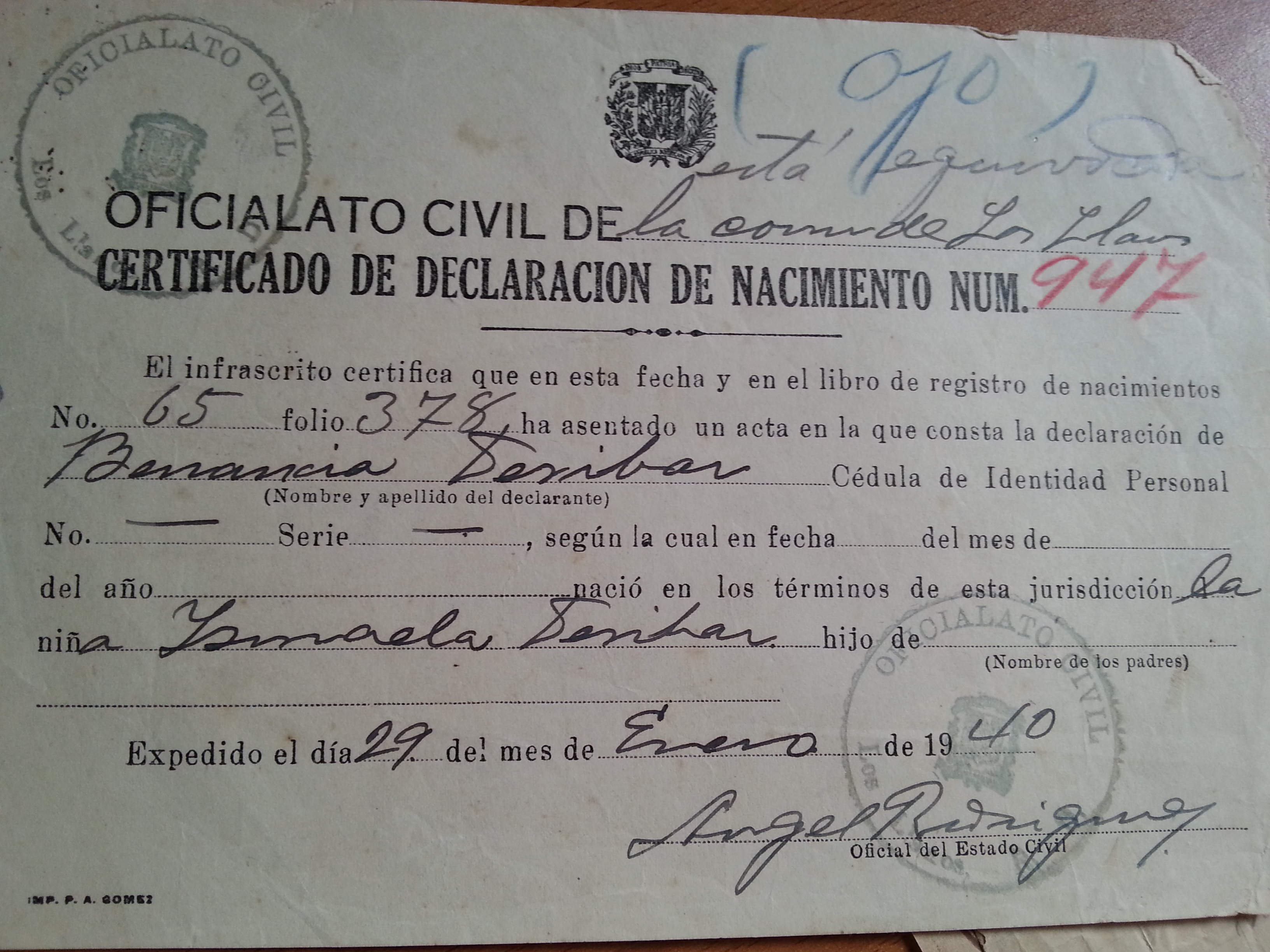 Un certificat de naissance dominicain