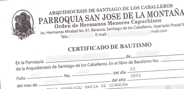 Foto de certificado de bautismo de Santiago